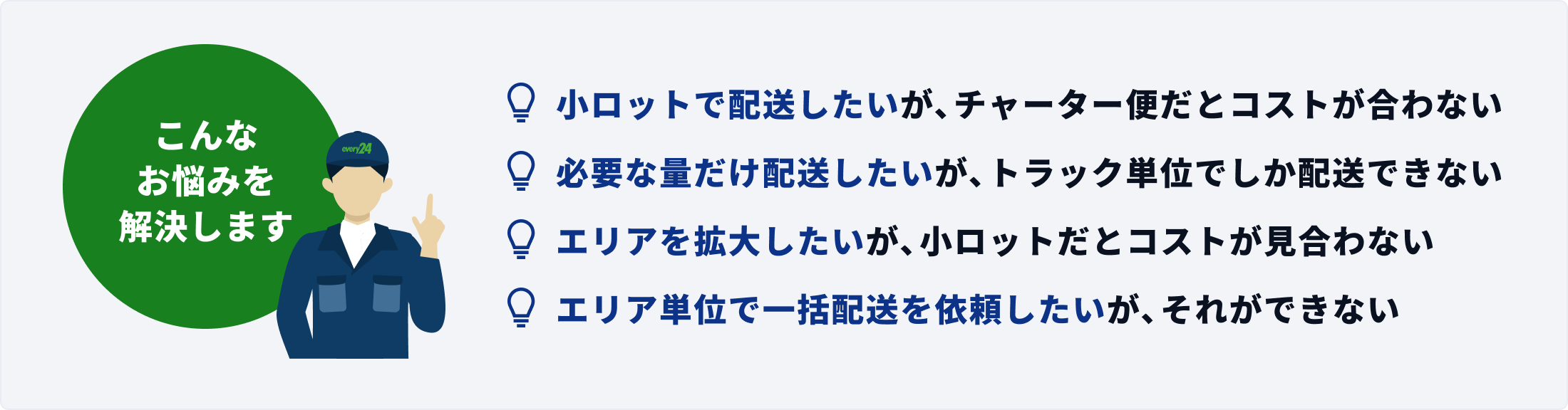 こんなお悩みを解決します ・小ロットで配送したいが、チャーター便だとコストが合わない ・チャーター便だとコストが合わないトラック単位でしか配送できない ・エリアを拡大したいが、小ロットだとコストが見合わない ・エリア単位で一括配送を依頼したいが、それができない